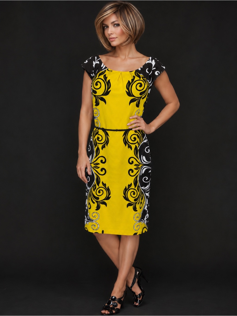 Voir Voir Yellow and Black Damascus Printed Cap-Sleeve Midi Dress Size 14